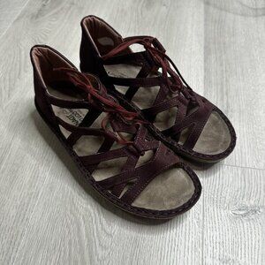 NAOT Yarrow Leather Ghillie Lace-Up Wedge Sandals Burgundy Women EU 37 US 6